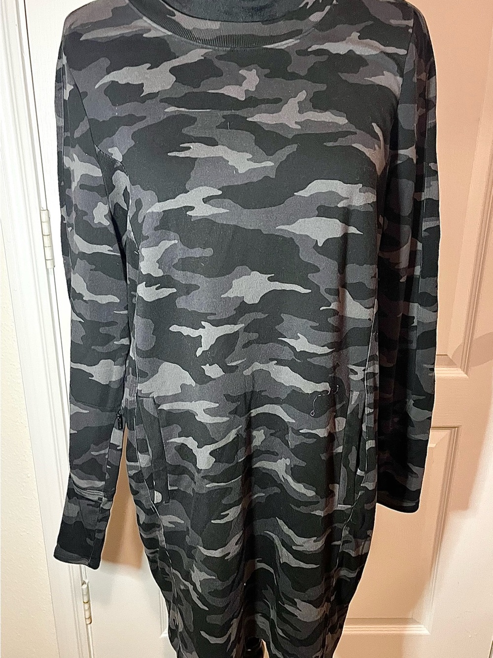 Athleta Balance Print dress in a black and grey camo pattern
